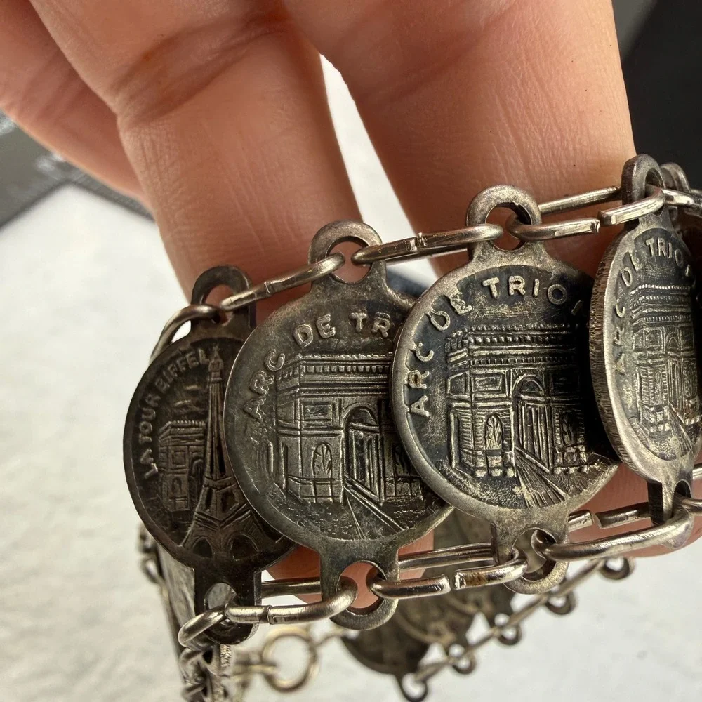 Vintage Paris Souvenir Bracelet Silver Tone Eiffel Tower Arc De Triomphe 8